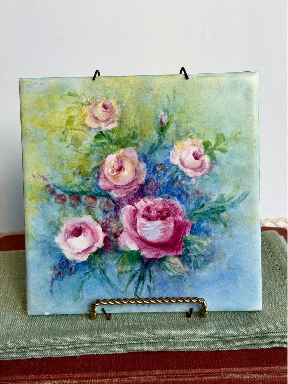 Vintage Floral Rose Ceramic Tile Wall Decor Pink Blue Cottagecore 6.5”